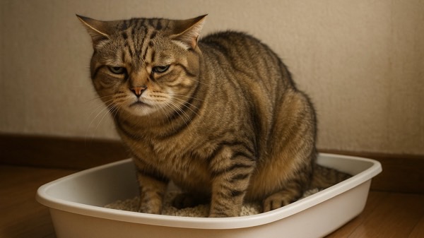 猫用トイレで長くしゃがみ込む縞模様の成猫(排尿が出にくい様子)