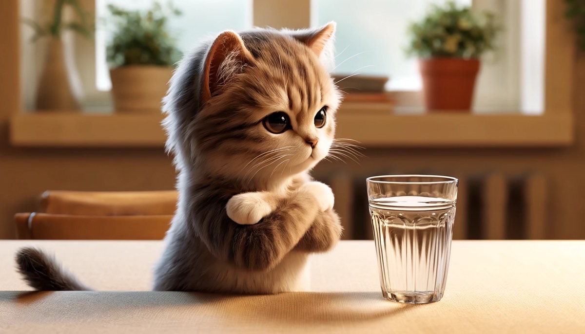 窓辺のテーブルで水入りグラスを見つめ、飲むか迷っている仔猫
