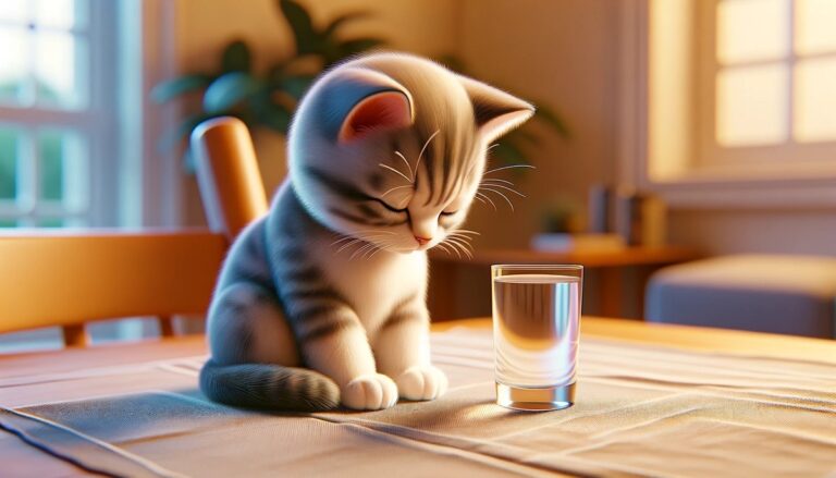 夕方のリビングで、コップの水の前で飲むのをためらう仔猫