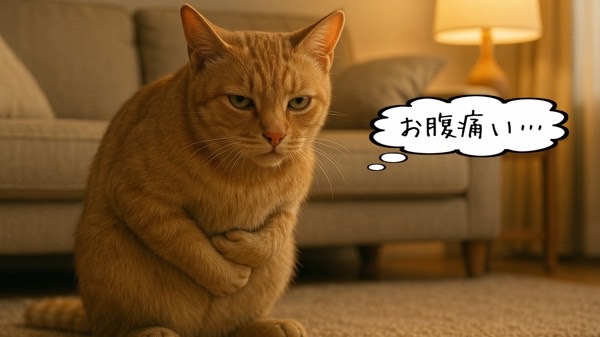 リビングで腹を押さえて座る猫のイメージ。吹き出しに『お腹痛い…』
