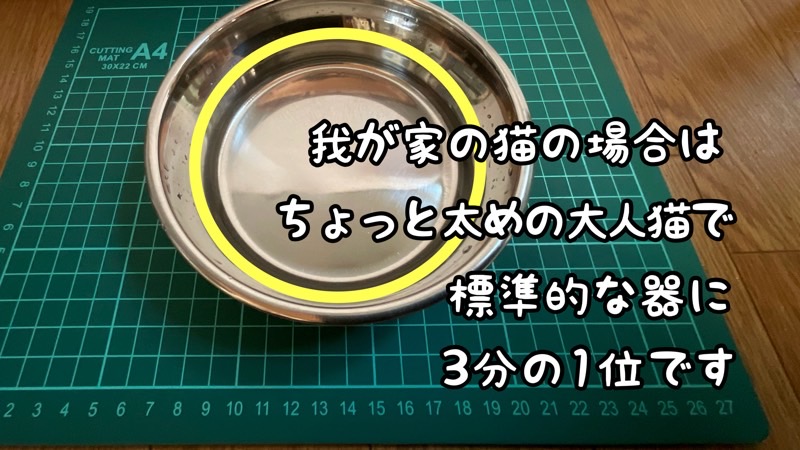 ステンレスボウルの水量の目安を円で示した写真(外周の約3分の1まで)