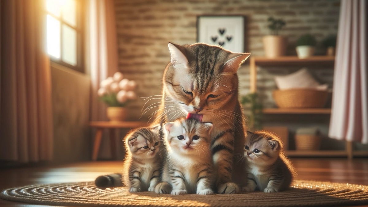 母猫と大きさの違う3匹の子猫たち