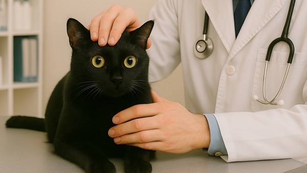 動物病院で獣医師に診察されている黒猫