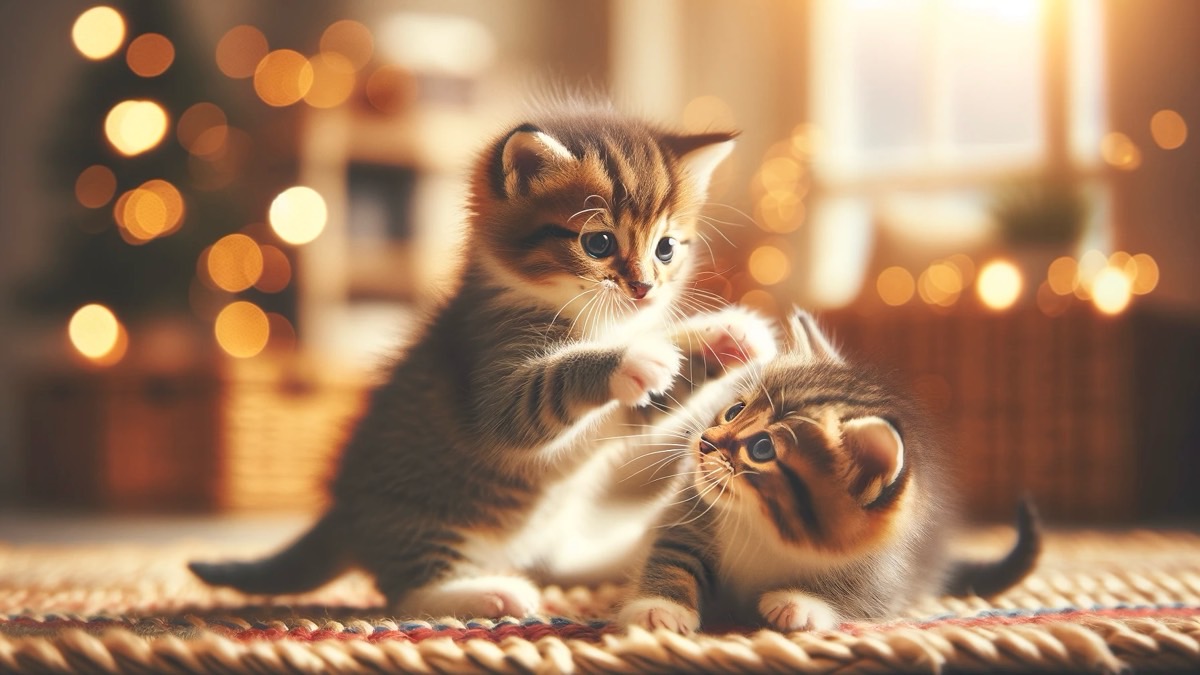 室内でじゃれ合う子猫たち