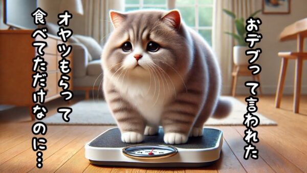 体重計の上で落ち込む太った猫