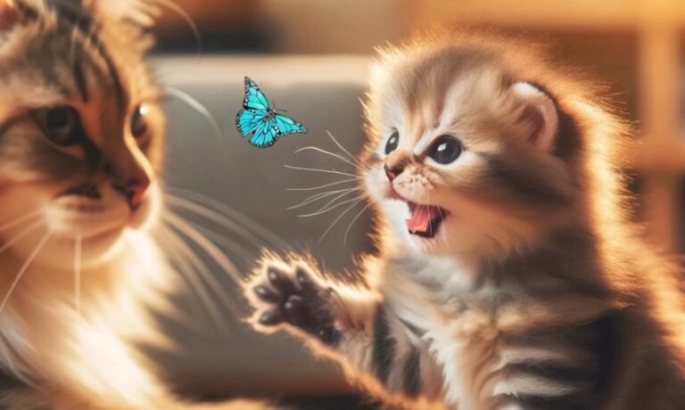 青い蝶に向かって夢中で手を伸ばす子猫と、その様子を見守る成猫