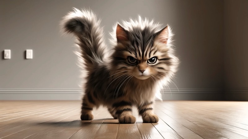 尻尾と体毛を逆立てて威嚇する子猫(恐怖・防御のサイン)