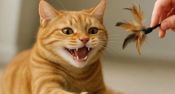 飼い主の持つ猫じゃらしに喜ぶ茶トラ猫