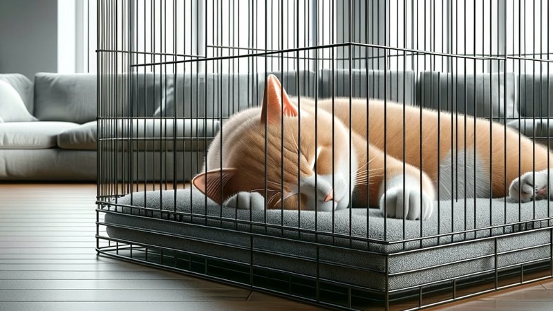 ゲージに入って眠っている猫