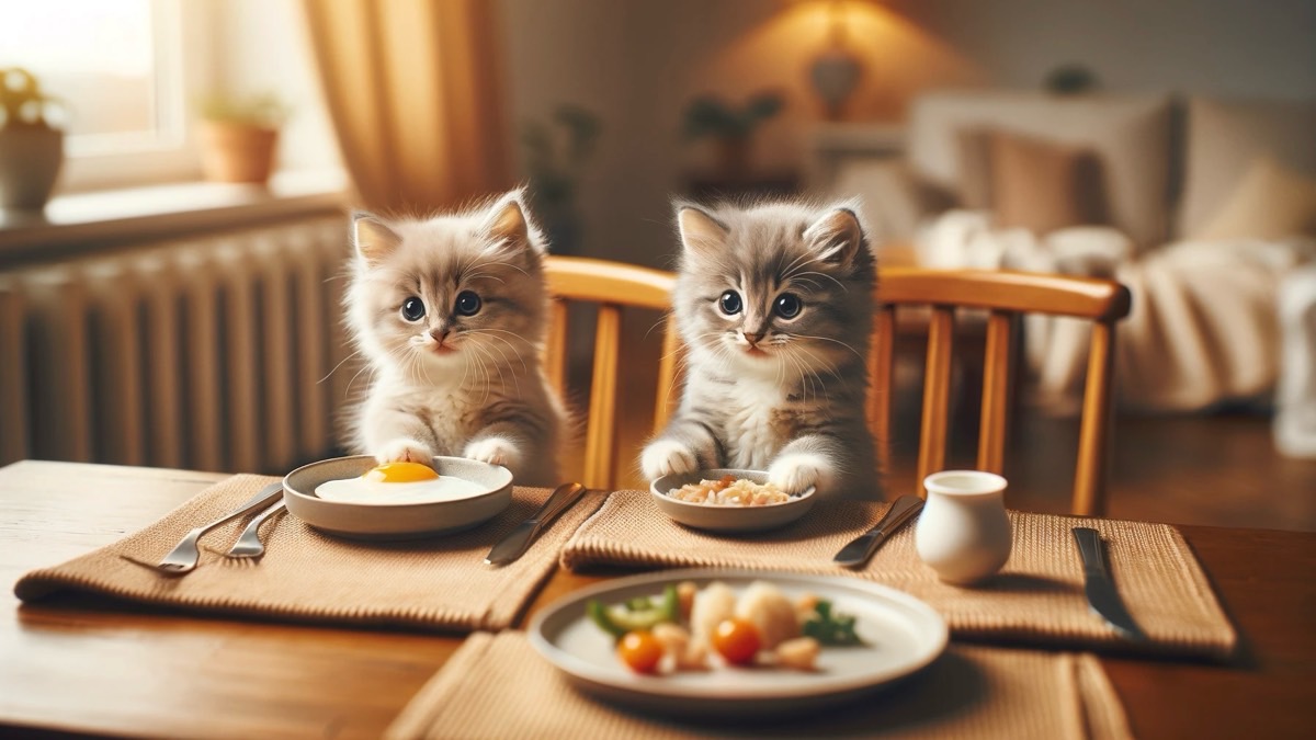 緊張した面持ちでテーブルに着く2匹の子猫