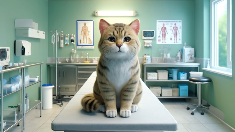 動物病院の診察台の上に座り大人しく話を聞く猫