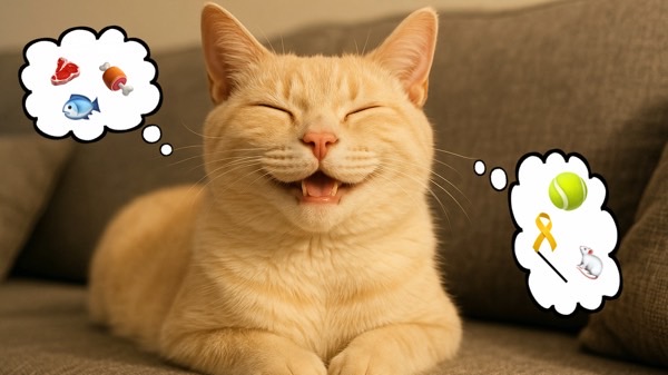 ソファに座って満面の笑みを浮かべながら空想しているクリーム色の猫(思考の吹き出し付き)