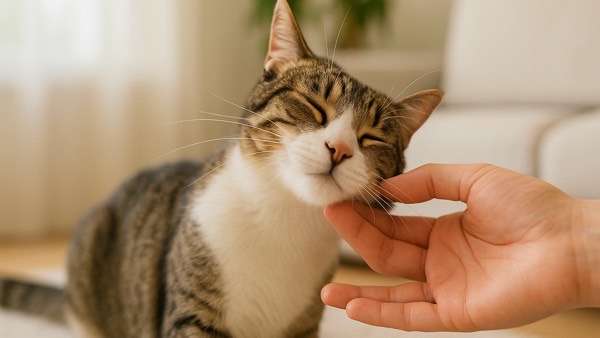 あごの下を優しく撫でられて目を細めるキジ白猫。頬・あご・耳の前が“なでOK”のイメージ(明るいリビング)