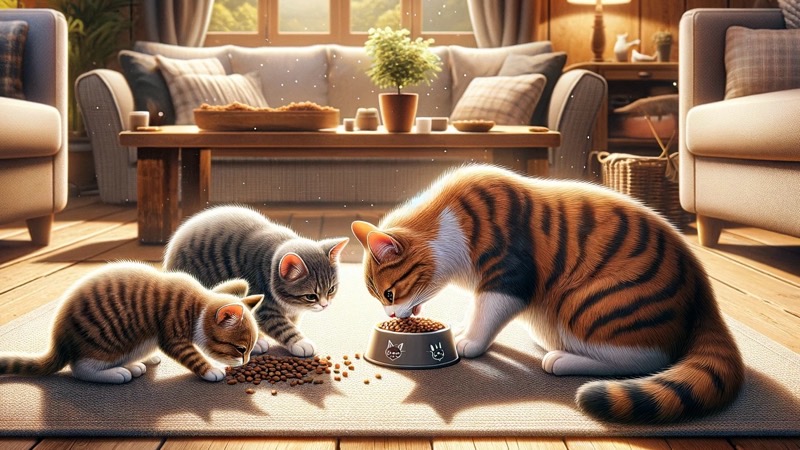 居心地の良いリビングで、成猫と2匹の子猫が並んでキャットフードを食べている様子。子猫は床にこぼれたフードを遠慮がちに食べている。