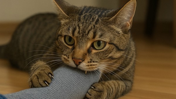飼い主の足を甘噛みするキジトラ猫（猫の噛み癖の典型例）