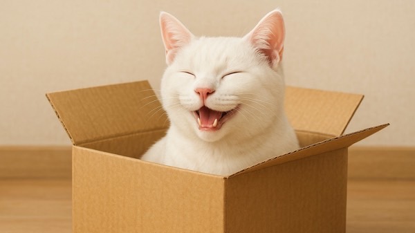 段ボール箱に入って楽しそうに笑う白猫