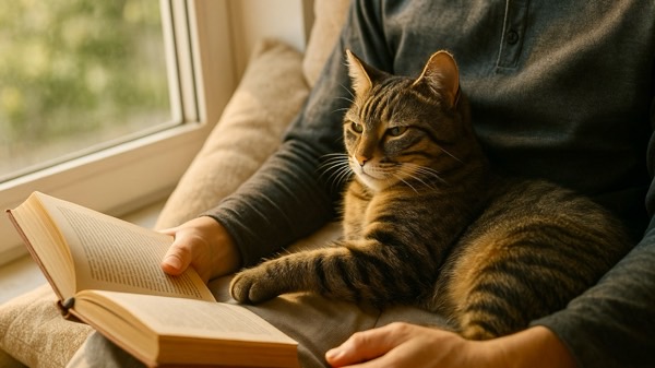 窓辺のクッションで本を読む飼い主に寄り添ってくつろぐキジトラ猫