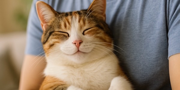 飼い主の腕の中でニコニコ顔の三毛猫。前足をそろえて安心している様子(リビング)