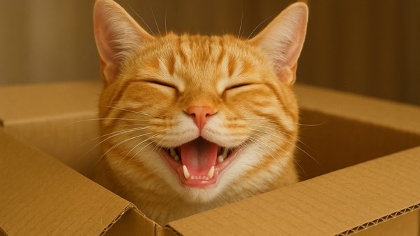 段ボール箱から顔を出して嬉しそうに笑う茶トラ猫