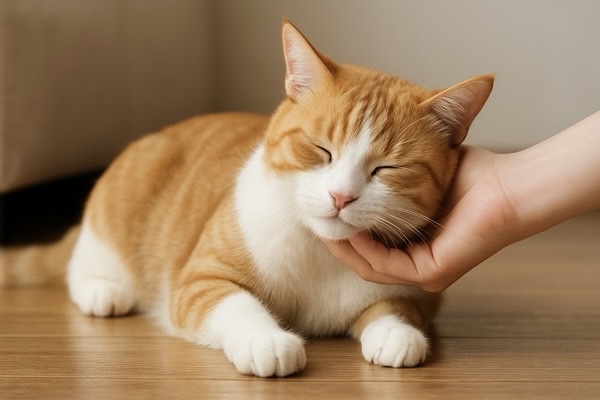 飼い主に顎を撫でられて気持ち良さそうに目を細める茶白猫