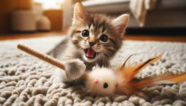 子猫が羽根付きのおもちゃを噛んで遊ぶ様子（猫の噛み癖・遊びの一環）