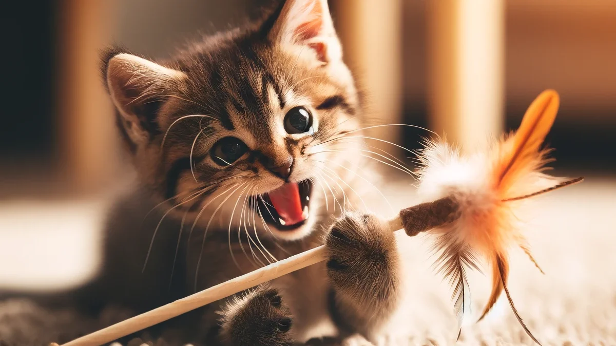 羽根のおもちゃを前足で掴みながら噛もうとしている子猫