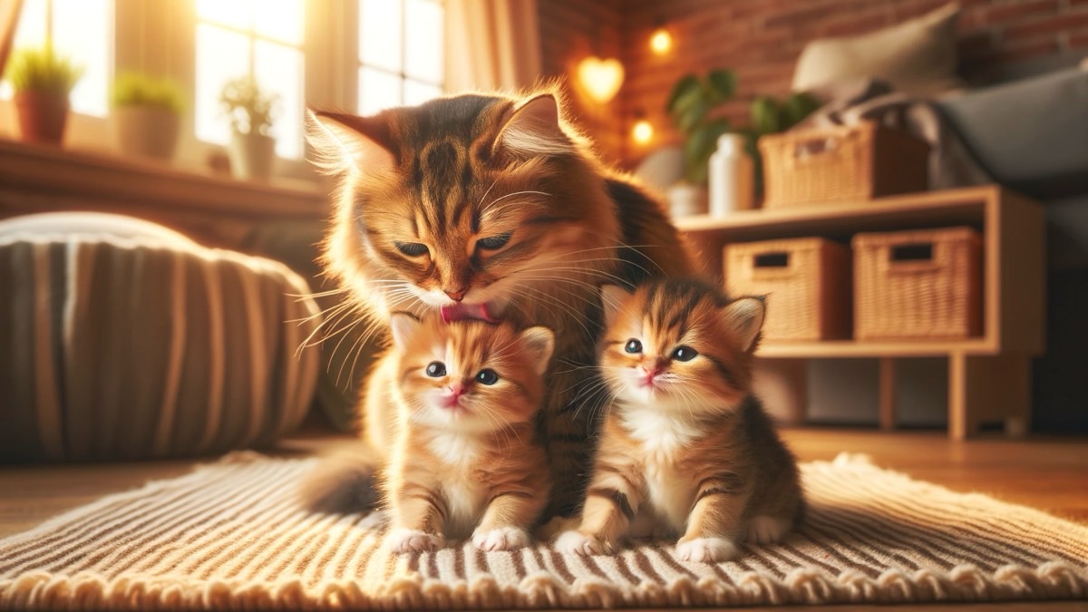 母猫が2匹の子猫を優しく舐めて毛づくろいしている様子