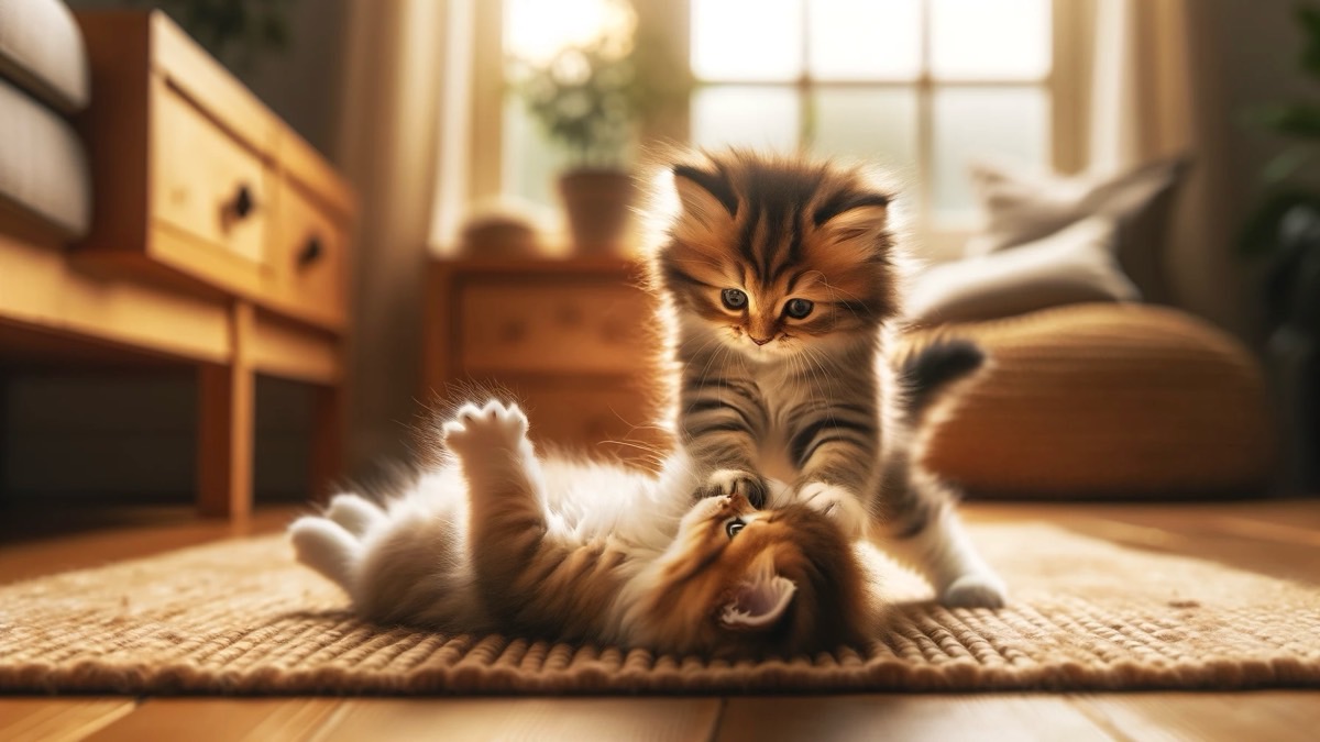 室内でじゃれ合い、組み合って遊ぶ2匹の子猫