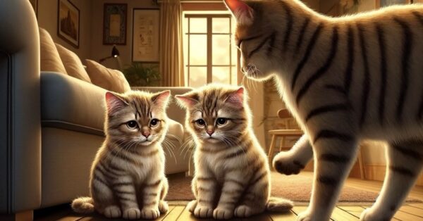 リビングで成猫が2匹の子猫に社会性を教えているような光景