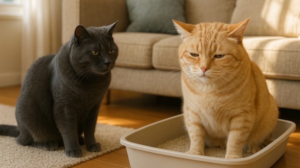 猫トイレで元気のない茶トラ猫を心配そうに見守るグレーの猫