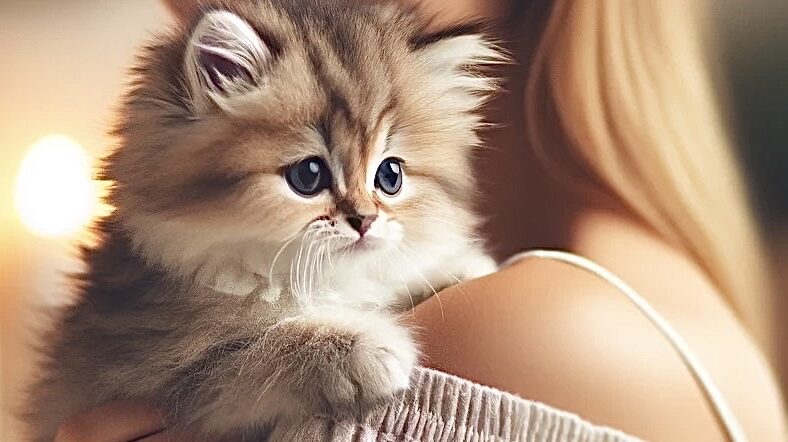 飼い主の肩にしがみついて周りを観察するふわふわの子猫