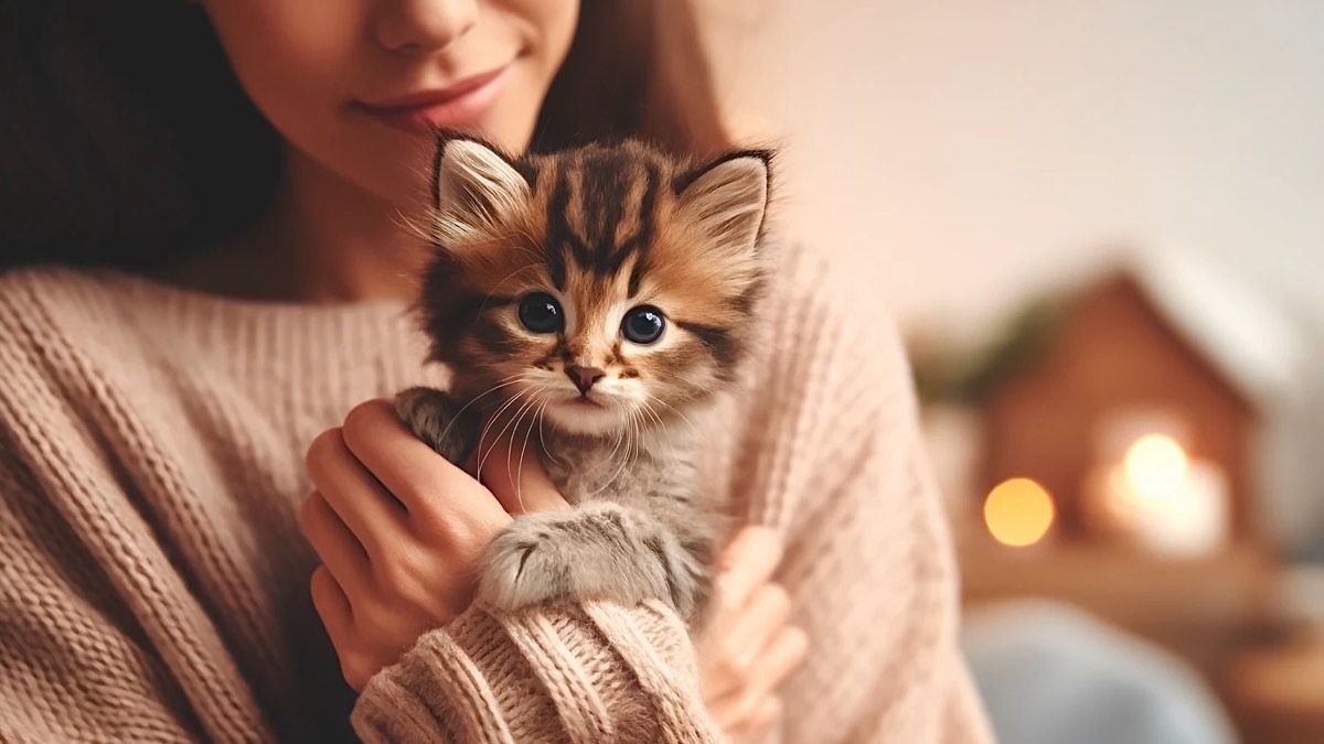 飼い主に抱っこされて安心した表情を見せる子猫