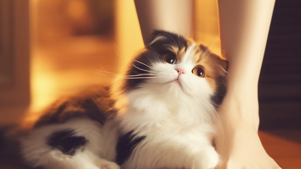 飼い主の足元に体を寄せて休む猫