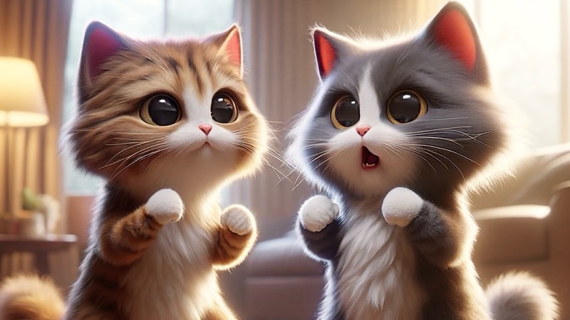 仲良く喧嘩?ファイテングポーズをとる2匹の猫