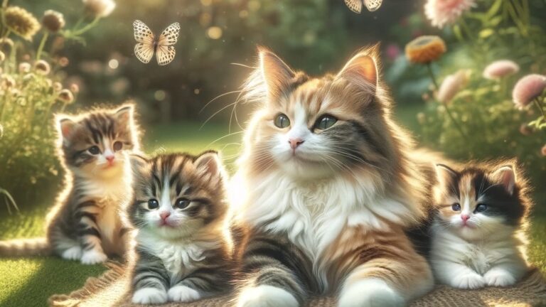 子猫たちと母猫が一緒に過ごす幸せな光景（猫の遺伝学と複数父性を表すイメージ）