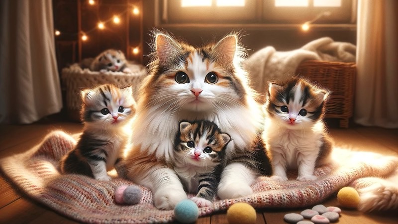 母猫と4匹の毛並みが違う子猫たちが寄り添っている