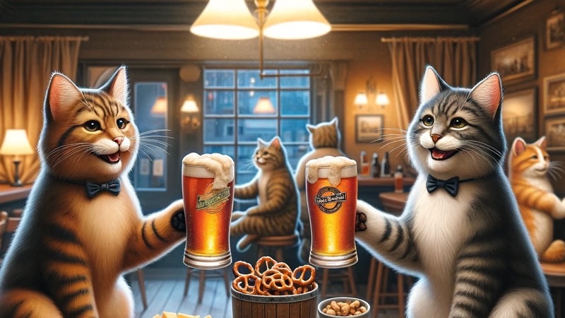 猫のパパ友が楽しそうにビールで乾杯している様子