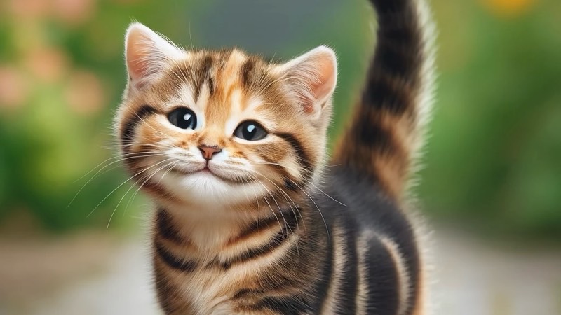 尻尾を高く上げてリラックスして歩く子猫(フレンドリーなサイン)