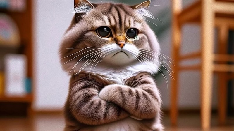 眉を寄せて不機嫌そうな表情の猫の近景