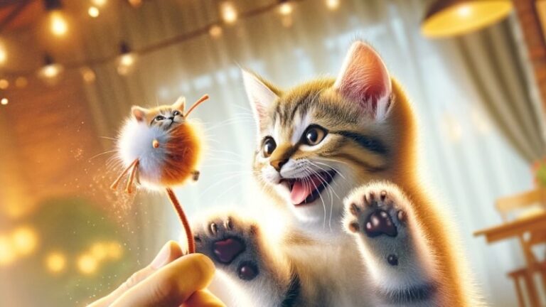 愛らしい子猫がおもちゃに夢中になって遊ぶ様子（愛猫との絆を深める遊び時間）