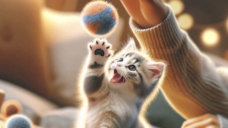 飼い主に柔らかい猫用ボールで遊んでもらう子猫