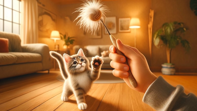 猫じゃらしを追って遊ぶ仔猫の横長カット(室内)