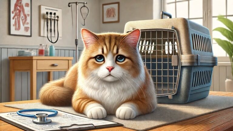 獣医師の診察前に診察台のキャリーケースの側で不安そうな表情を浮かべる猫