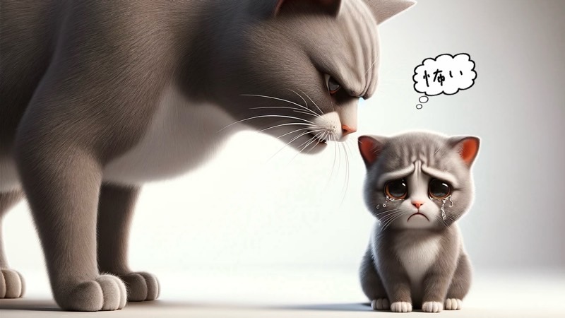 大きな猫に叱られて涙を浮かべる子猫(吹き出しで「怖い」と表示)