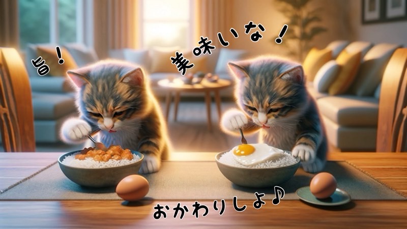 食欲旺盛な猫達がご飯を食べている