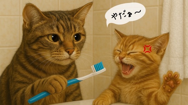 歯磨きを嫌がって大声で鳴く子猫と、歯ブラシを持つ成猫