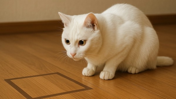 床に描かれた小さな四角を疑い深そうに見つめる白猫