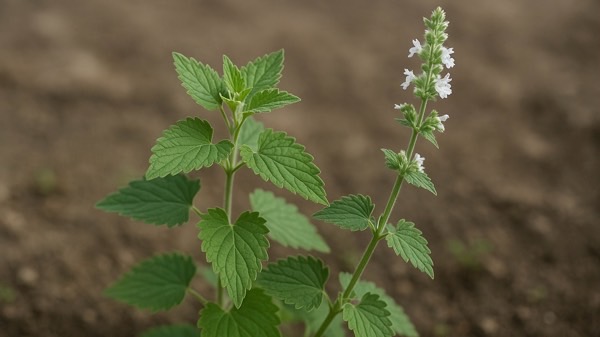白い小さな花を咲かせたキャットニップの株
