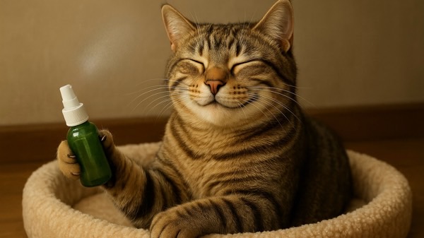 またたびスプレーを猫ベッドに吹きかけて嬉しそうな猫