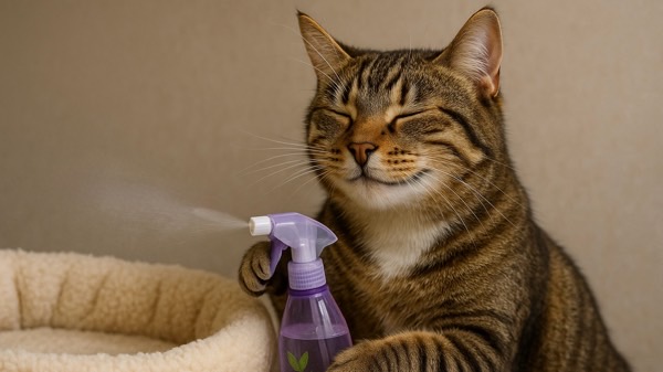 猫ベッドにまたたびスプレーを吹きかけながら満足そうに微笑む猫